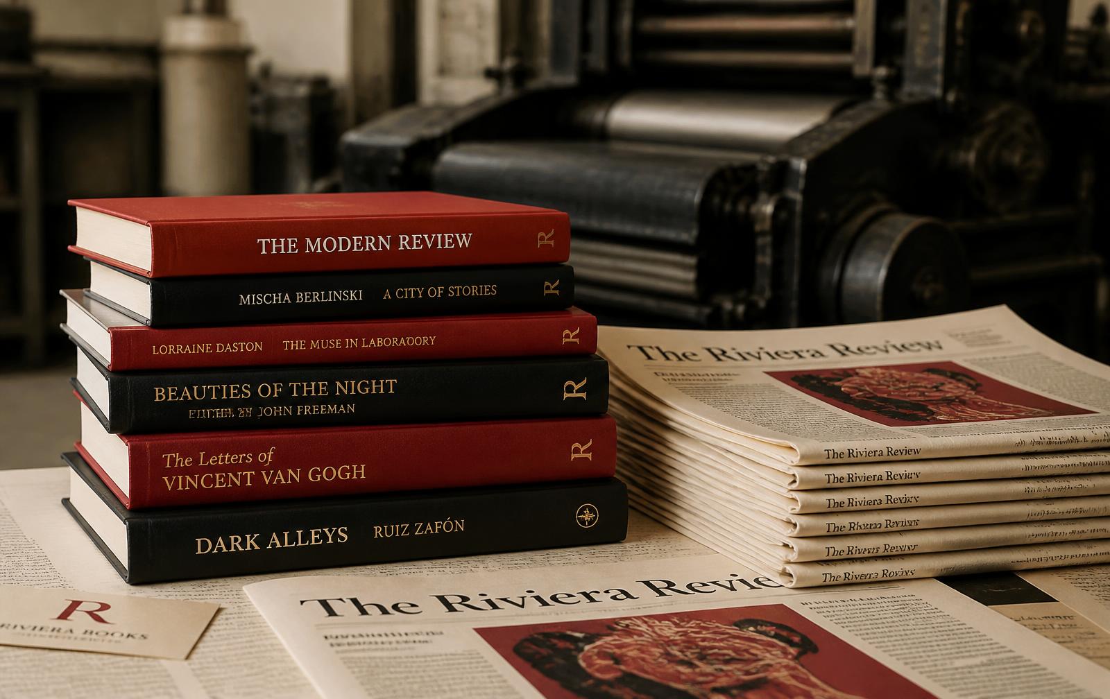 Stacks of freshly printed books and newspapers beside a printing press
